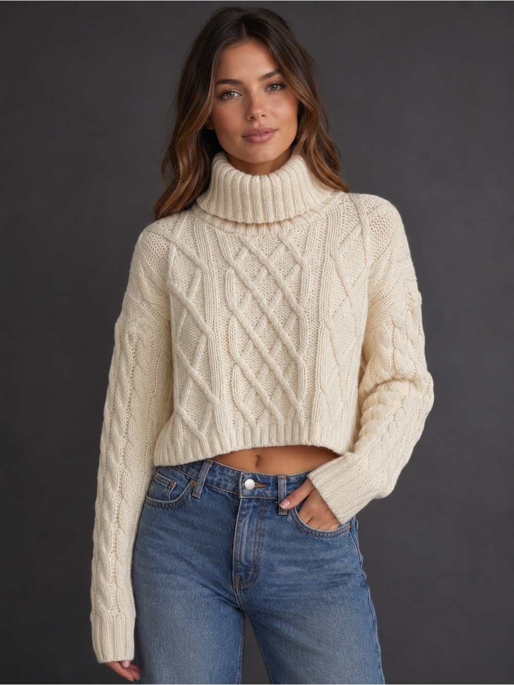 Altar’d State Cream Cropped Cable-Knit Turtleneck Sweater Size XS.